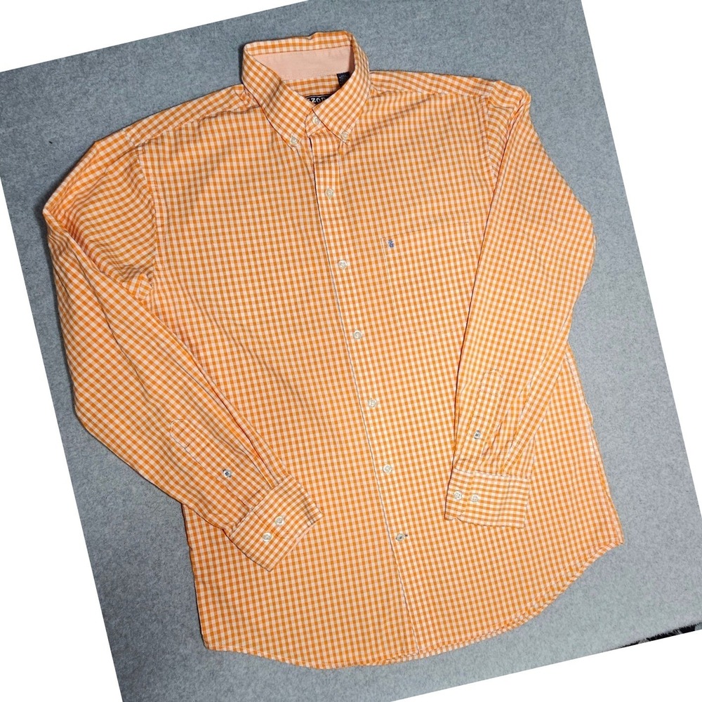 IZOD Premium Essentials Mens Medium Orange White Gingham Button Down Shirt